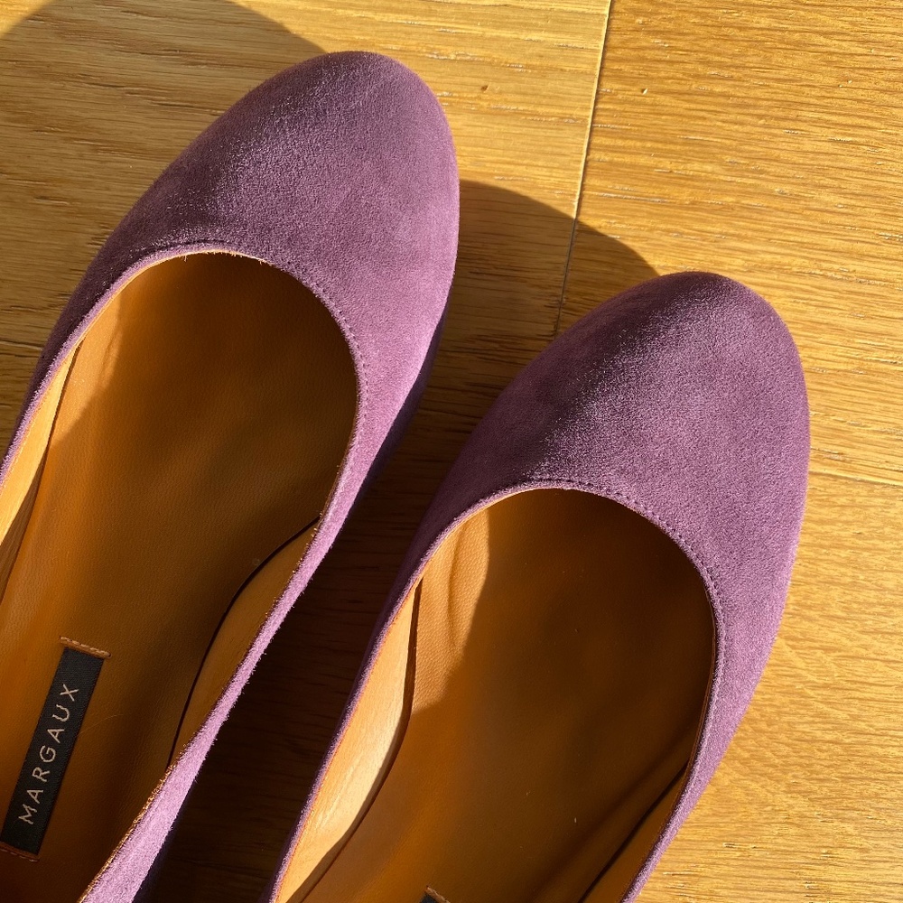 MARGAUX Deep Plum Purple Suede with Purple Patent Accent Ballet Flats, Size 7.5